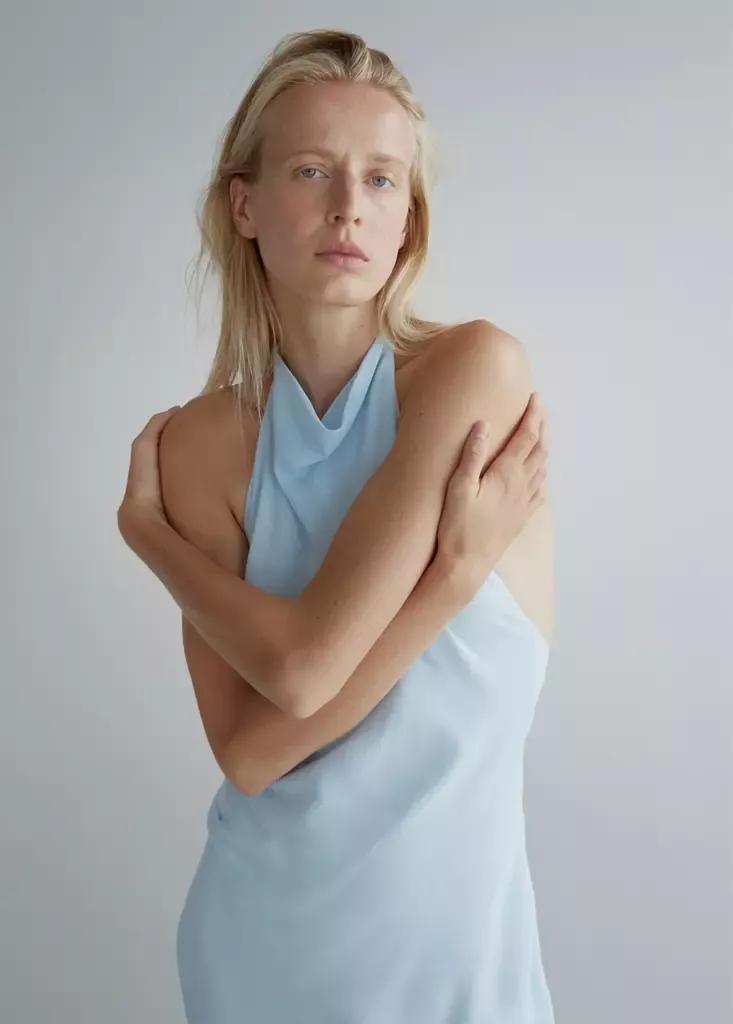 Blue Draped Halter Dress, , medium