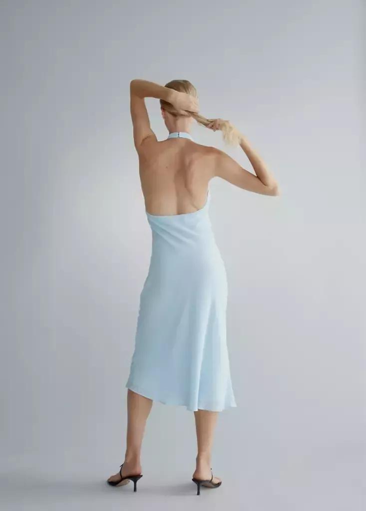 Blue Draped Halter Dress, , medium