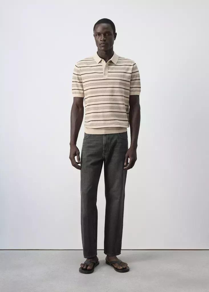 Beige Cotton Blend Striped Knit Polo, Light Beige, medium