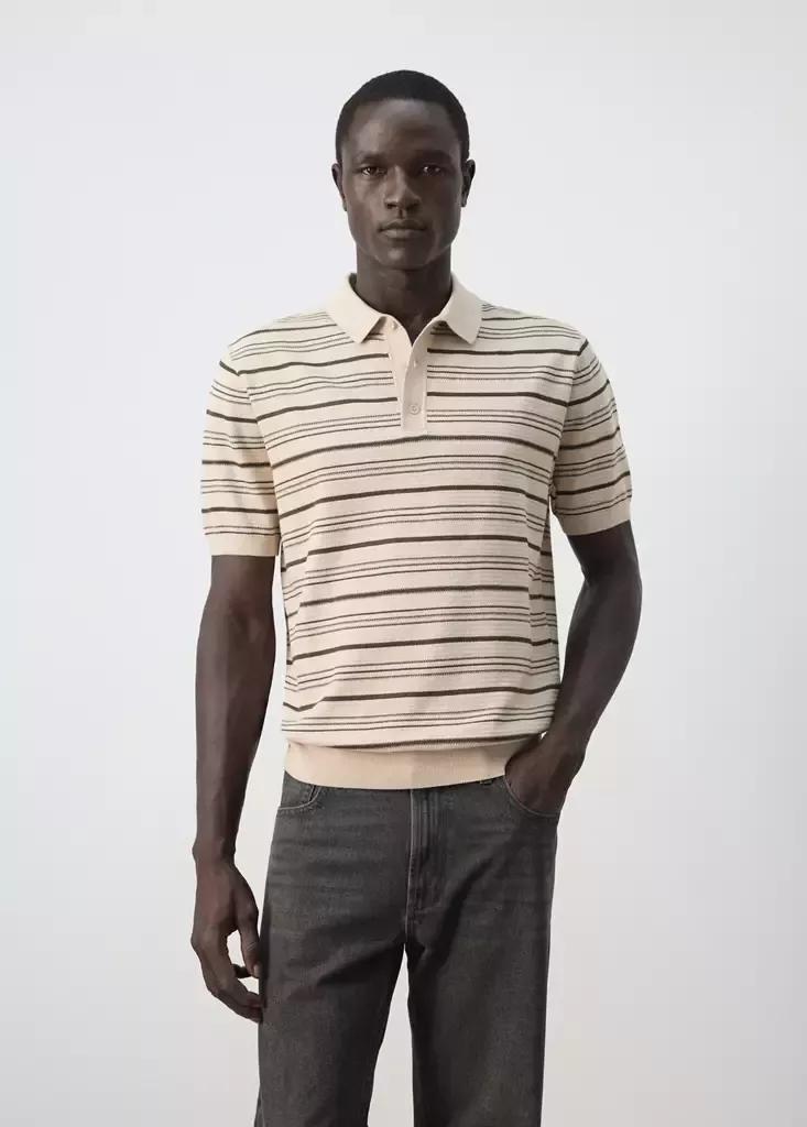 Beige Cotton Blend Striped Knit Polo, Light Beige, large image number 1