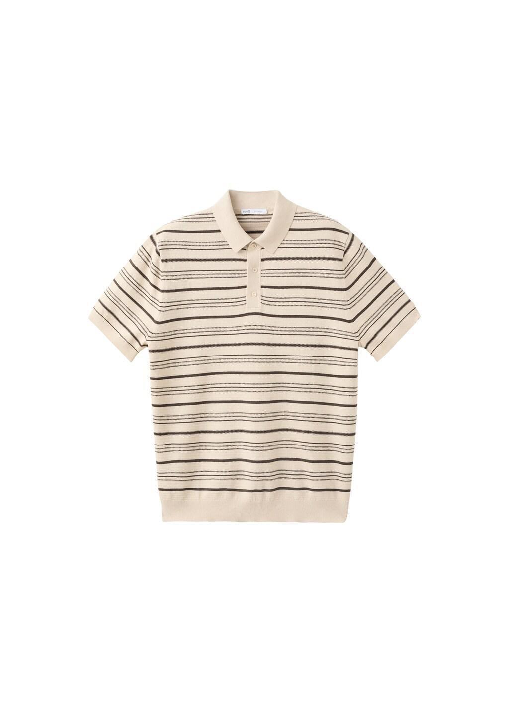 Beige Cotton Blend Striped Knit Polo, Light Beige, large image number 4
