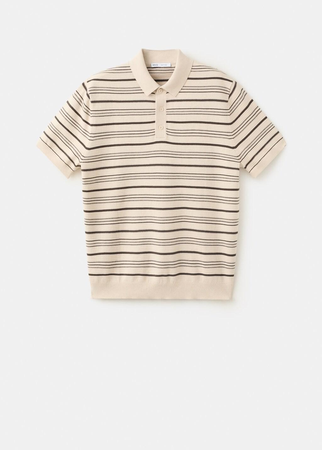 Beige Cotton Blend Striped Knit Polo, Light Beige, large image number 5