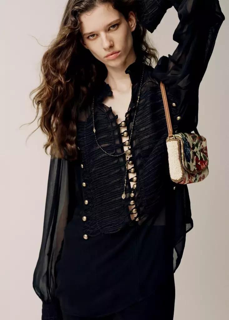 Black Chiffon Blouse With Frog Closures, Black, large image number 1