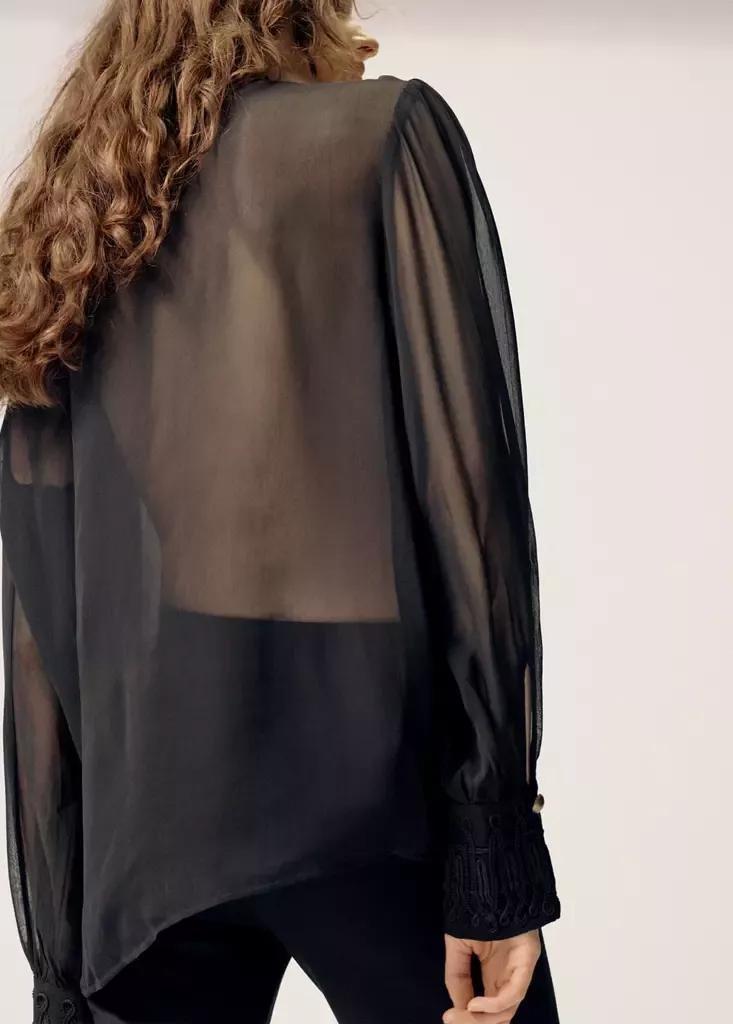 Black Chiffon Blouse With Frog Closures, Black, large image number 2