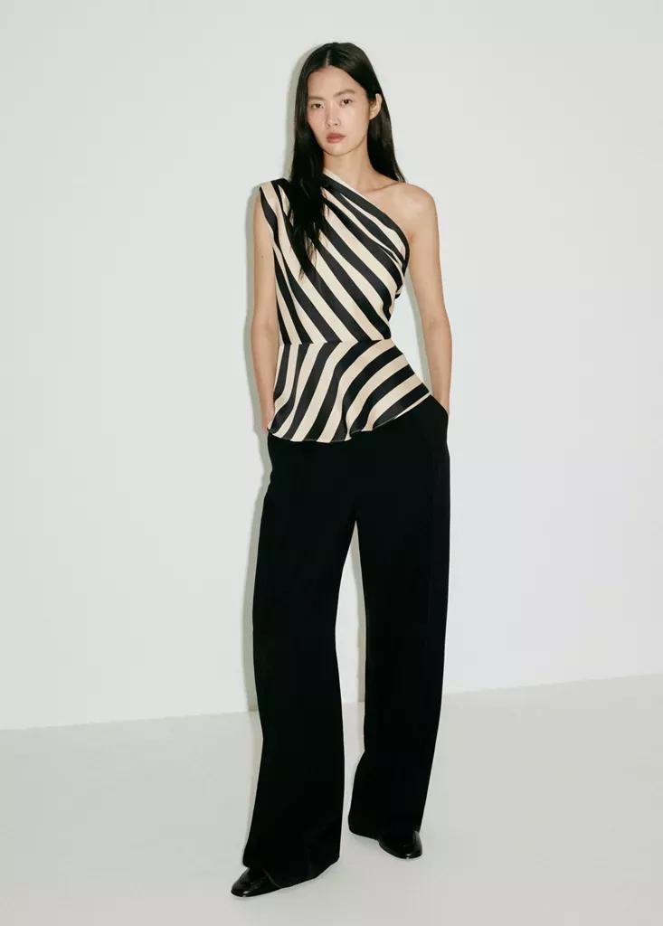 Cream Striped Asymmetrical Top, , medium