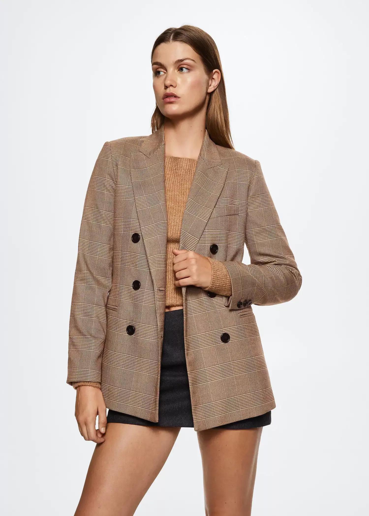 Beige Double-Breasted Check Blazer, , large image number 1