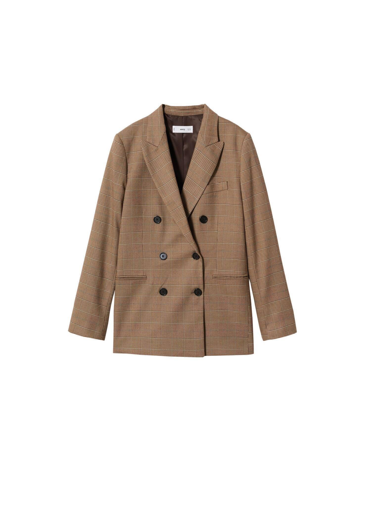 Beige Double-Breasted Check Blazer, , large image number 6