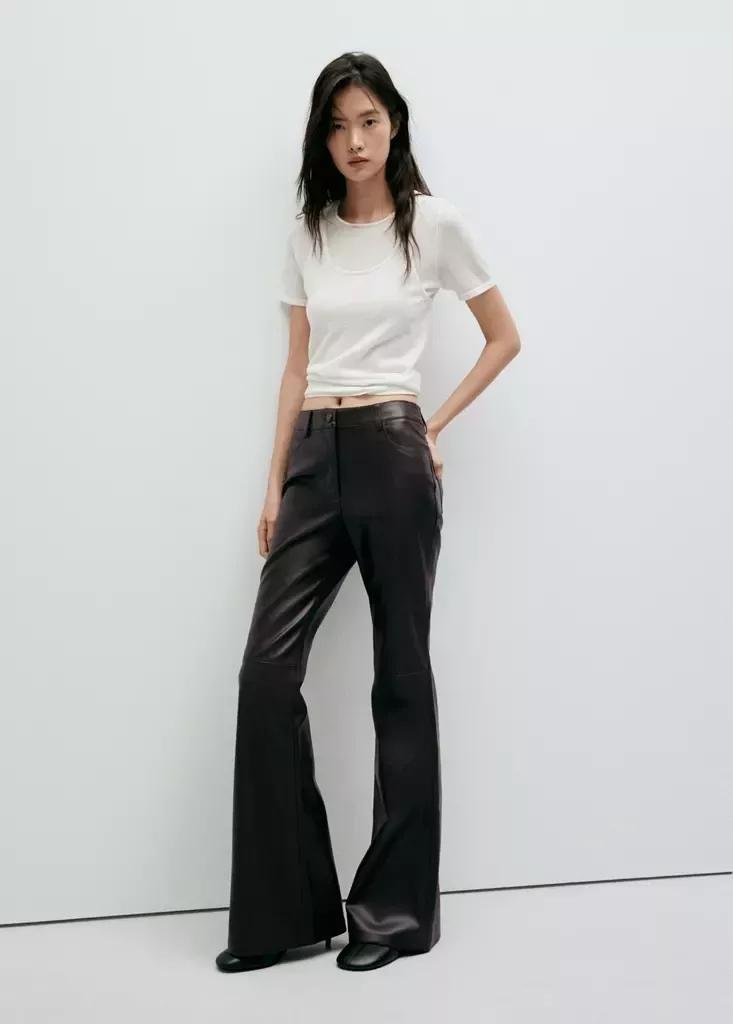 Brown Faux-Leather Flared Trousers, , medium