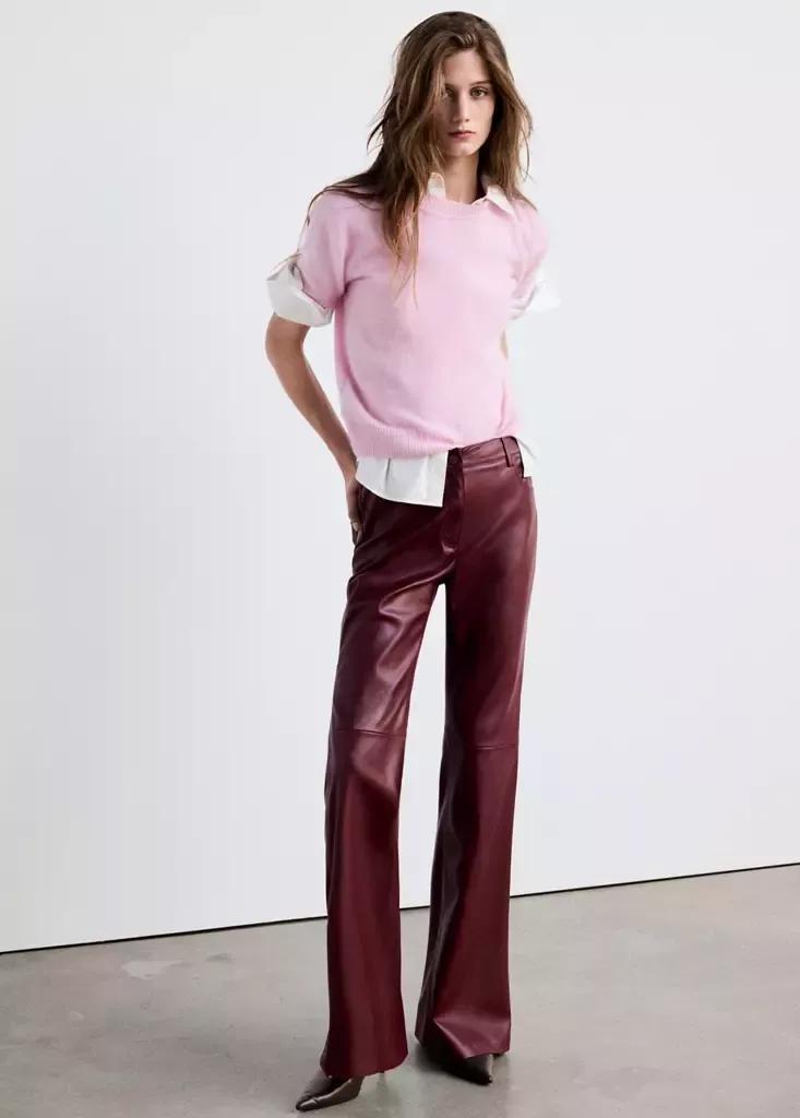 Red Faux-Leather Flared Trousers, Red, large image number 0