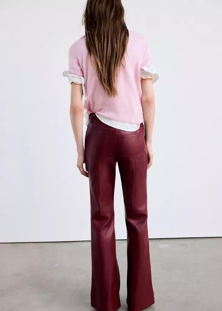 Red Faux-Leather Flared Trousers, Red, medium