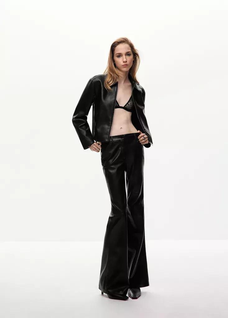 Black Faux-Leather Flared Trousers, , medium
