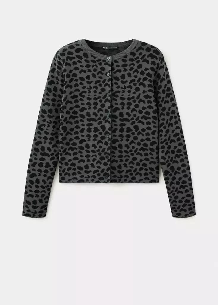 Grey Animal Print Cardigan, Charcoal, large image number 0