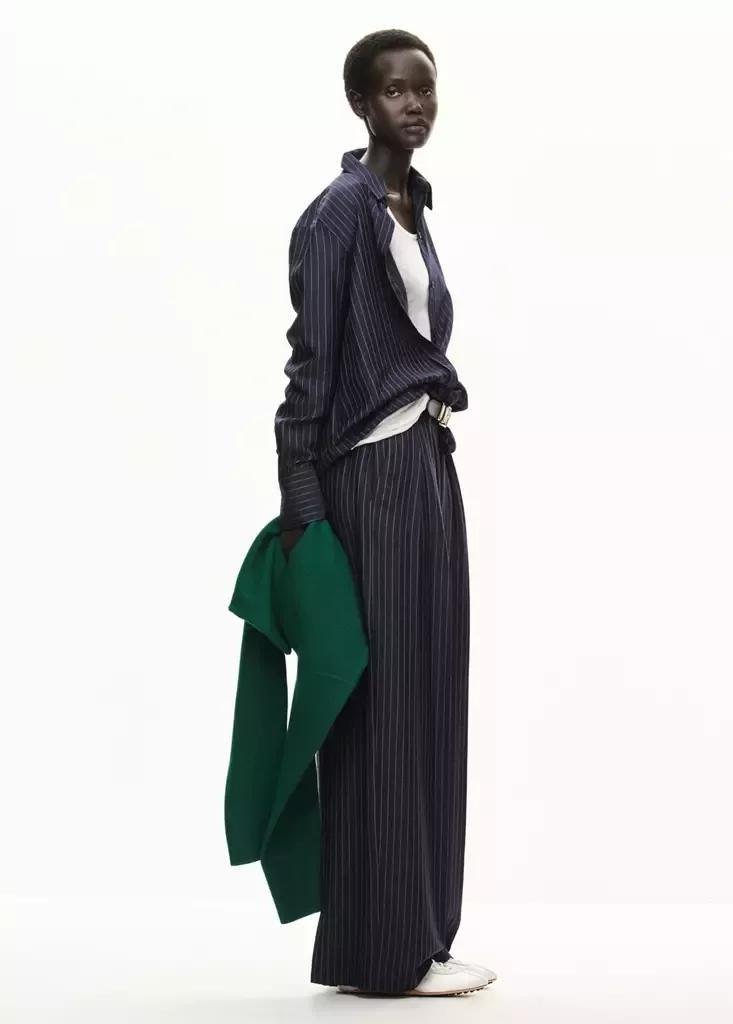 Blue Pinstripe Wide Leg Trousers, Navy, medium