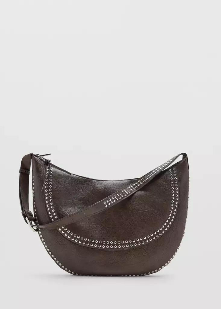 Brown Studded Shoulder Bag, Dark Brown, large image number 0