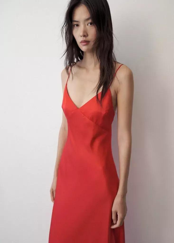 Red Silk V-Neck Dress, Red, large image number 1