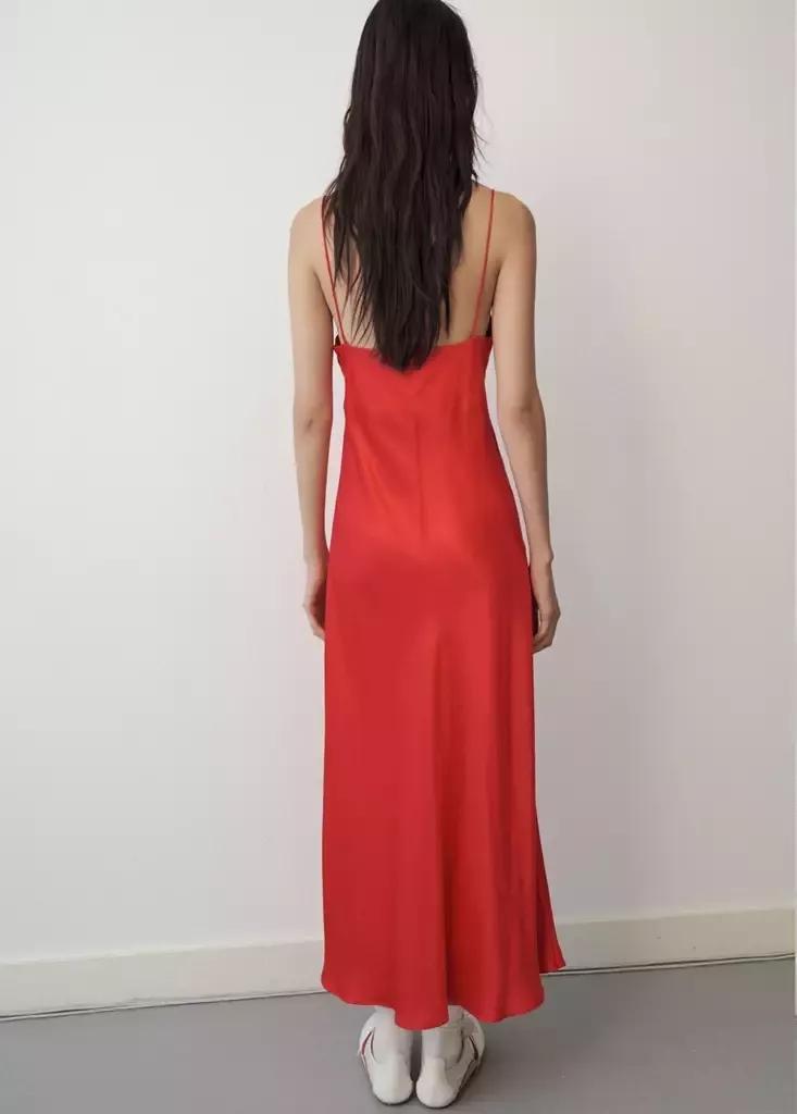 Red Silk V-Neck Dress, Red, medium