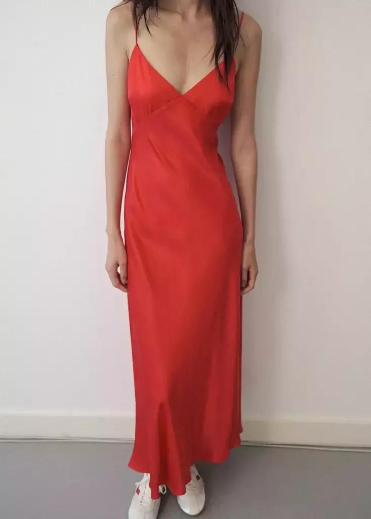 Red Silk V-Neck Dress, Red, large image number 3