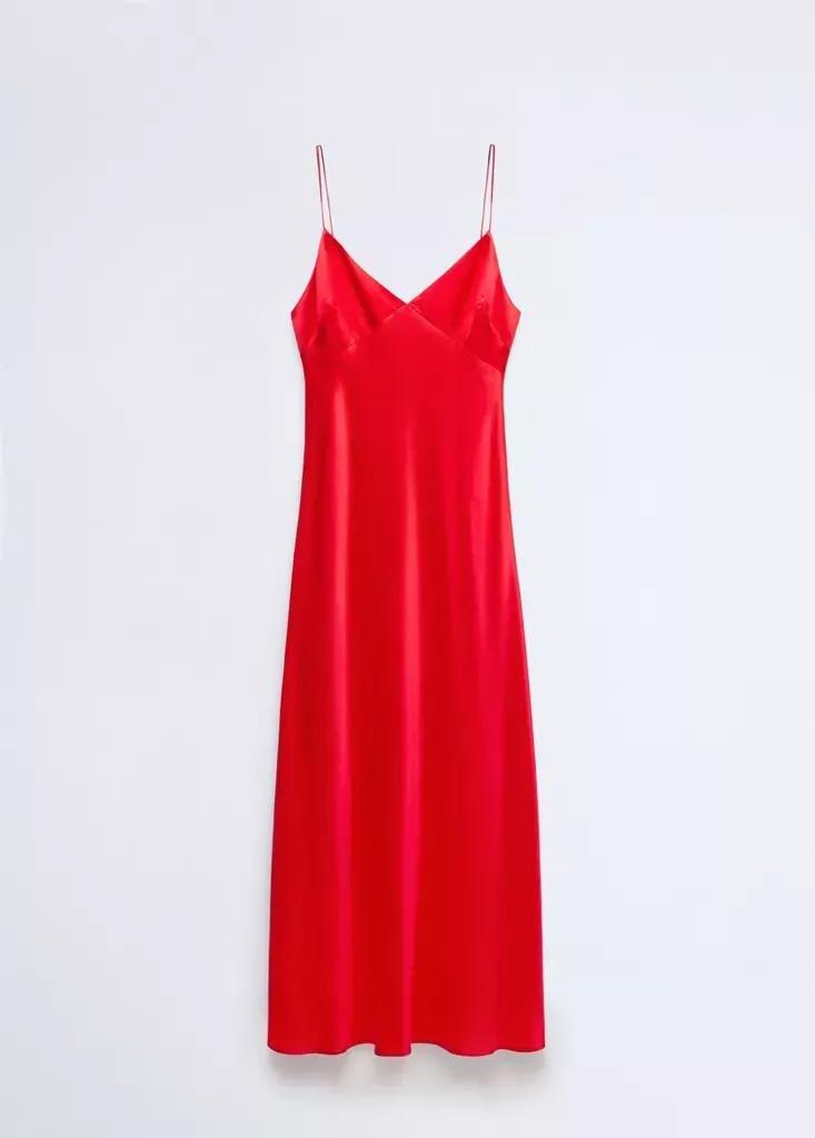 Red Silk V-Neck Dress, Red, large image number 4