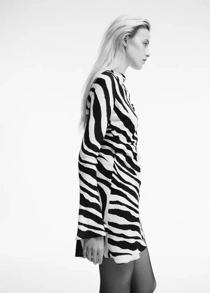 Black Zebra-Print Dress With Flared Sleeves, Black, medium