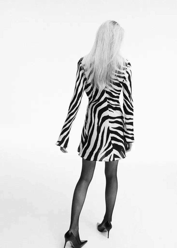 Black Zebra-Print Dress With Flared Sleeves, Black, medium