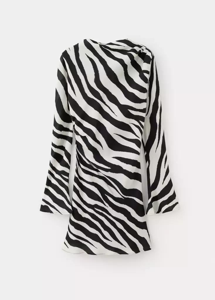 Black Zebra-Print Dress With Flared Sleeves, Black, large image number 4
