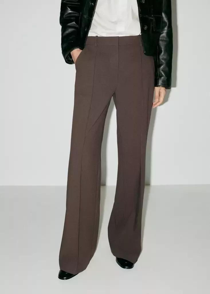Brown Flared Trousers With Seams, Medium Brown, medium