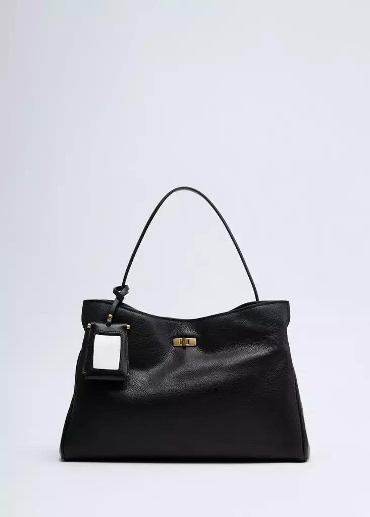 Black Shoulder Bag, Leather, Charm, Mirror, Black, medium
