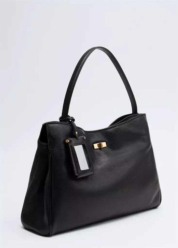 Black Shoulder Bag, Leather, Charm, Mirror, Black, large image number 3