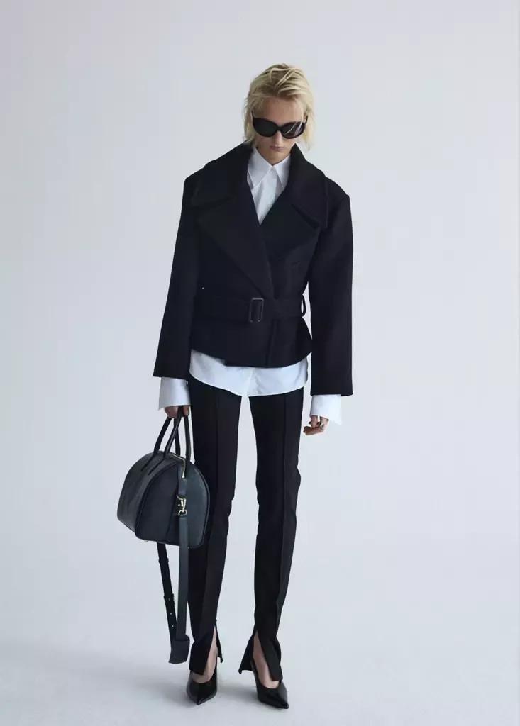 Black Woollen Coat With Belt, Black, large image number 0