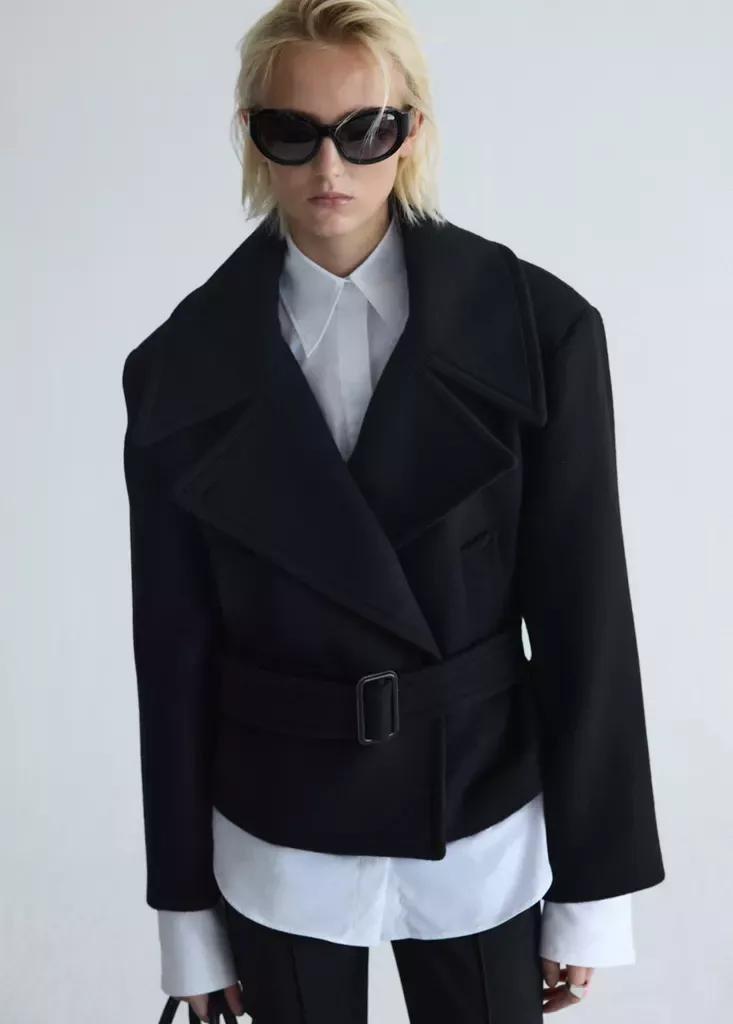 Black Woollen Coat With Belt, Black, medium