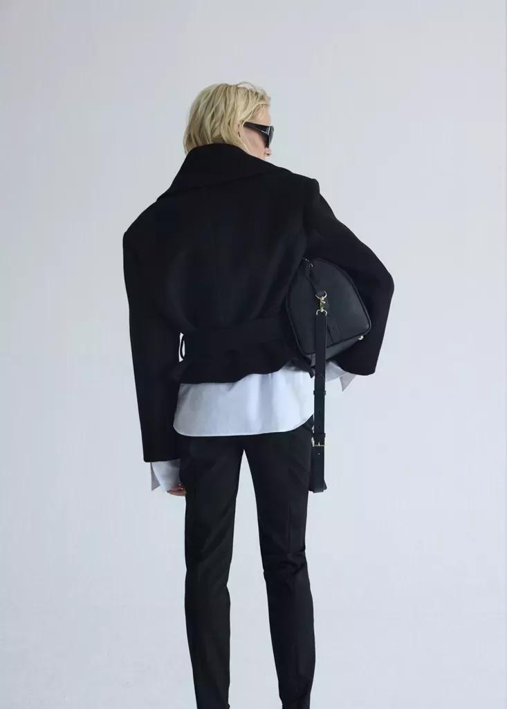 Black Woollen Coat With Belt, Black, medium