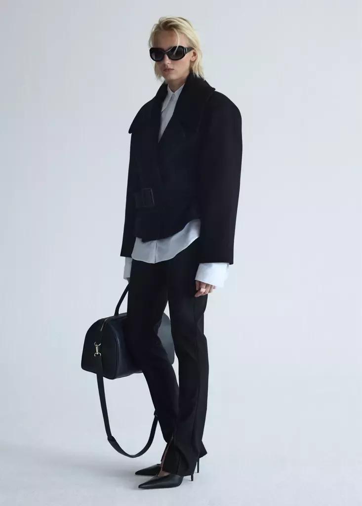 Black Woollen Coat With Belt, Black, large image number 4