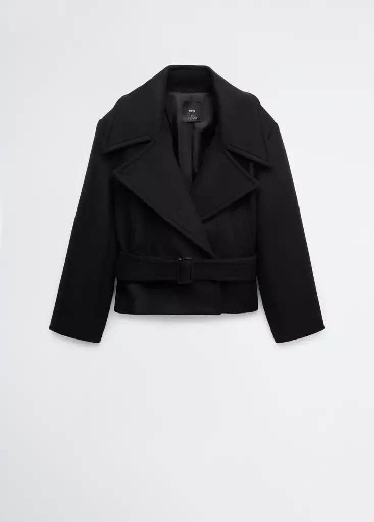 Black Woollen Coat With Belt, Black, large image number 5