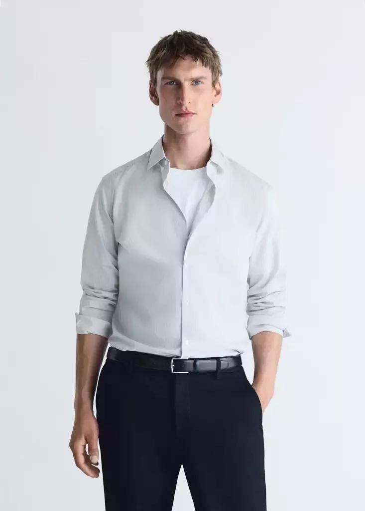 White Slim Fit Striped Non-Iron Shirt, White, medium