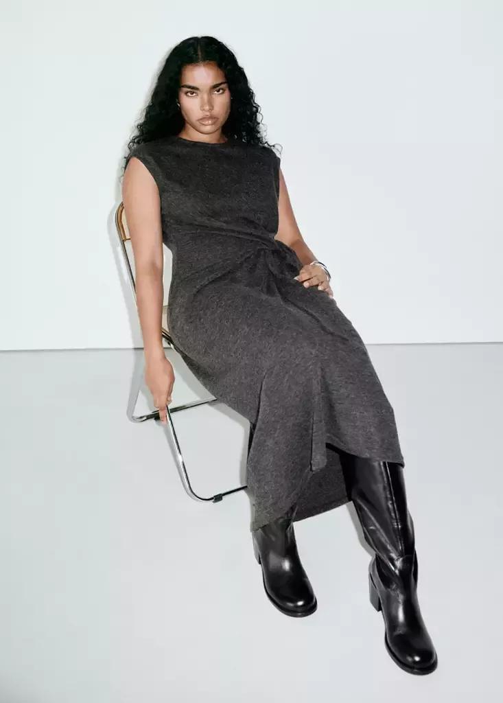 Grey Knot Knitted Dress, Charcoal, large image number 6