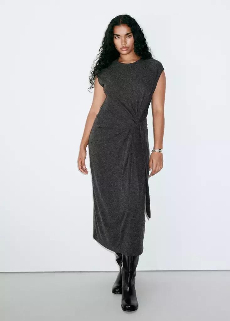 Grey Knot Knitted Dress, Charcoal, large image number 7