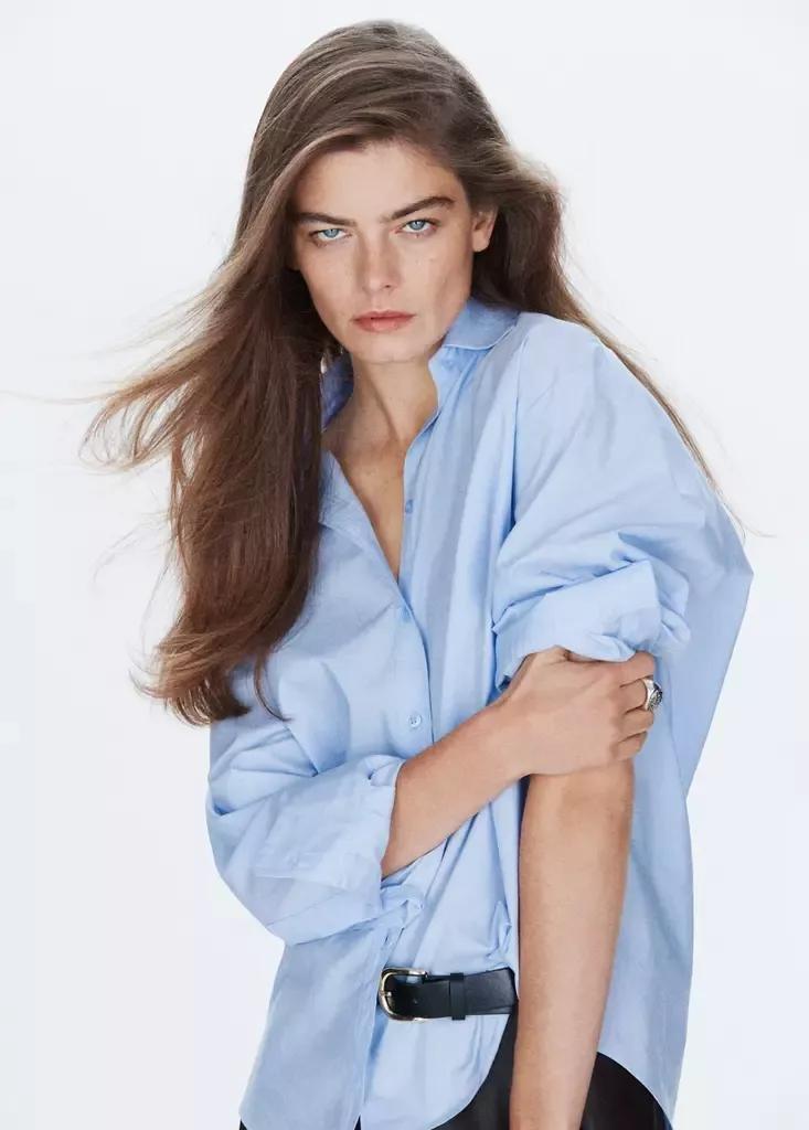Blue Cotton And Lyocell Blend Straight Shirt, Light-Pastel Blue, large image number 1