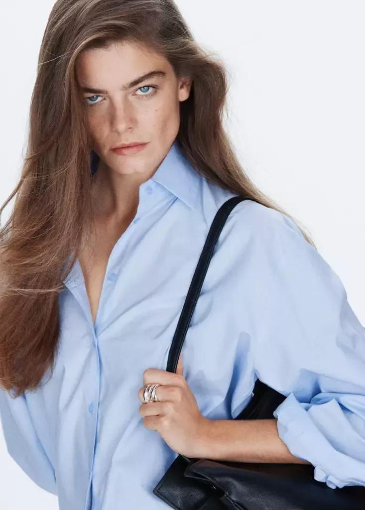 Blue Cotton And Lyocell Blend Straight Shirt, Light-Pastel Blue, large image number 3