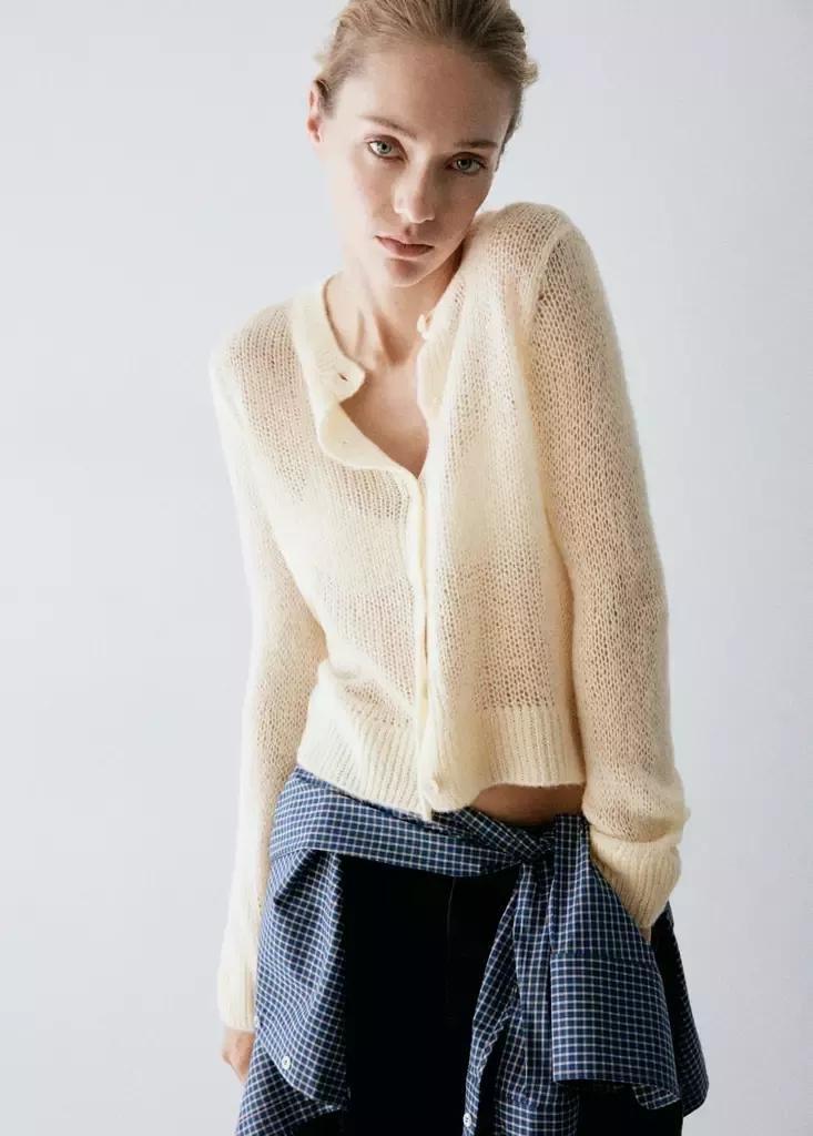Cream Open Knit Cardigan, Light Beige, medium