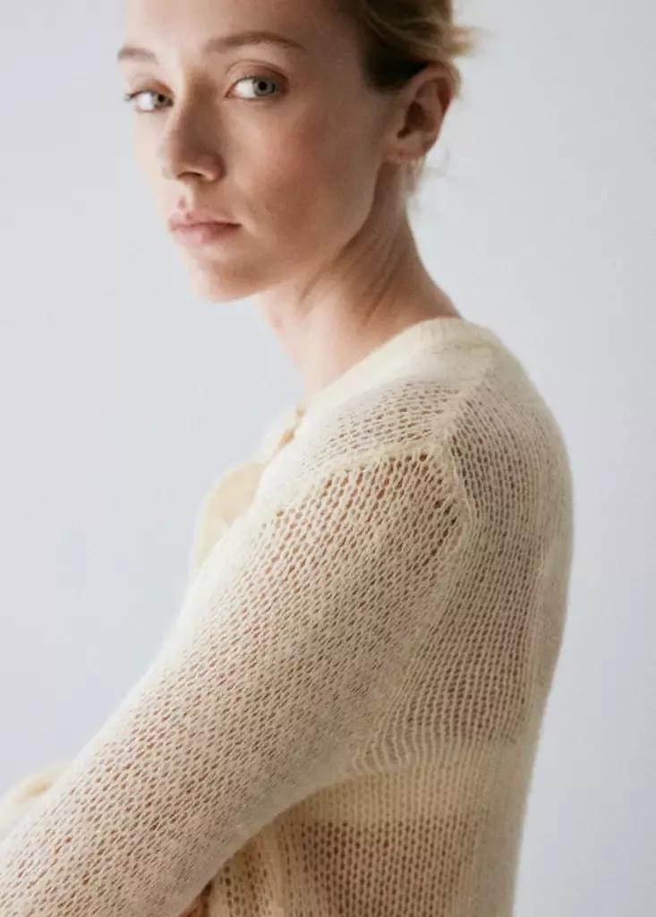 Cream Open Knit Cardigan, Light Beige, large image number 3