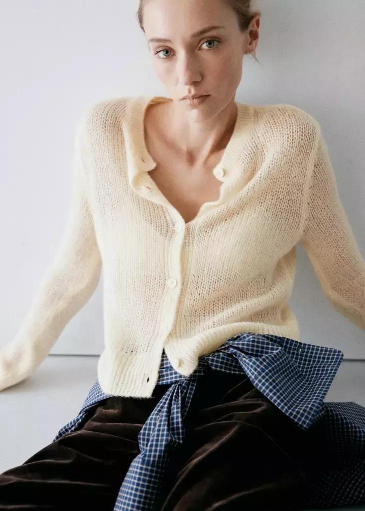Cream Open Knit Cardigan, Light Beige, large image number 4