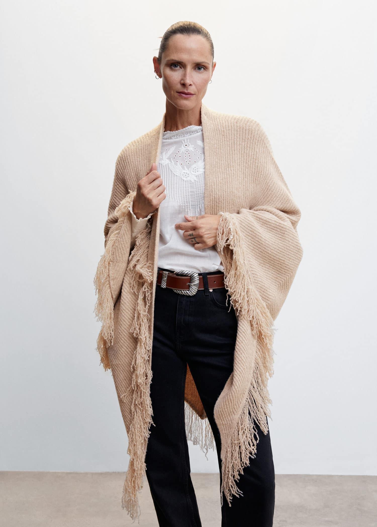 Beige Fringe Knit Cape, , large image number 0