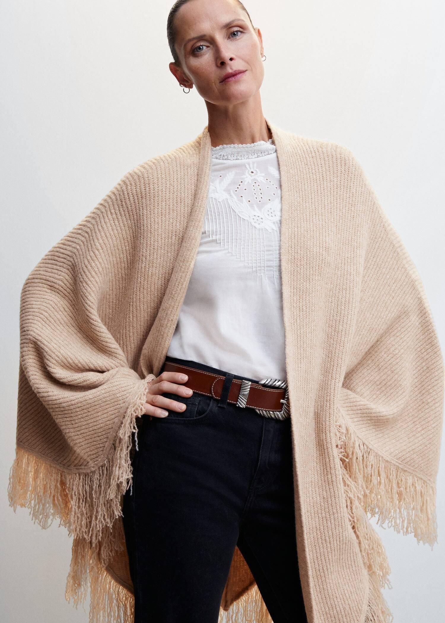 Beige Fringe Knit Cape, , large image number 1