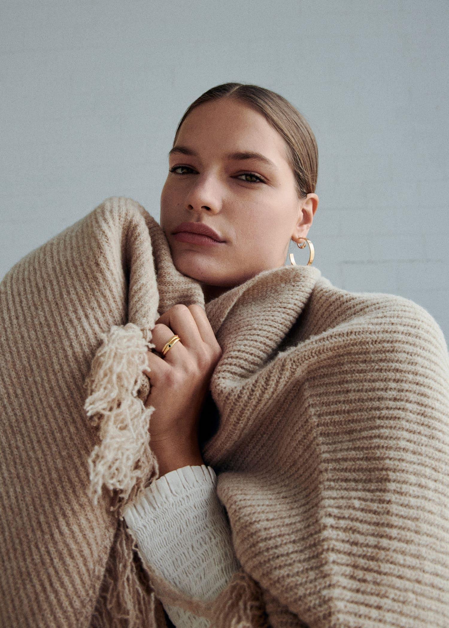 Beige Fringe Knit Cape, , large image number 3