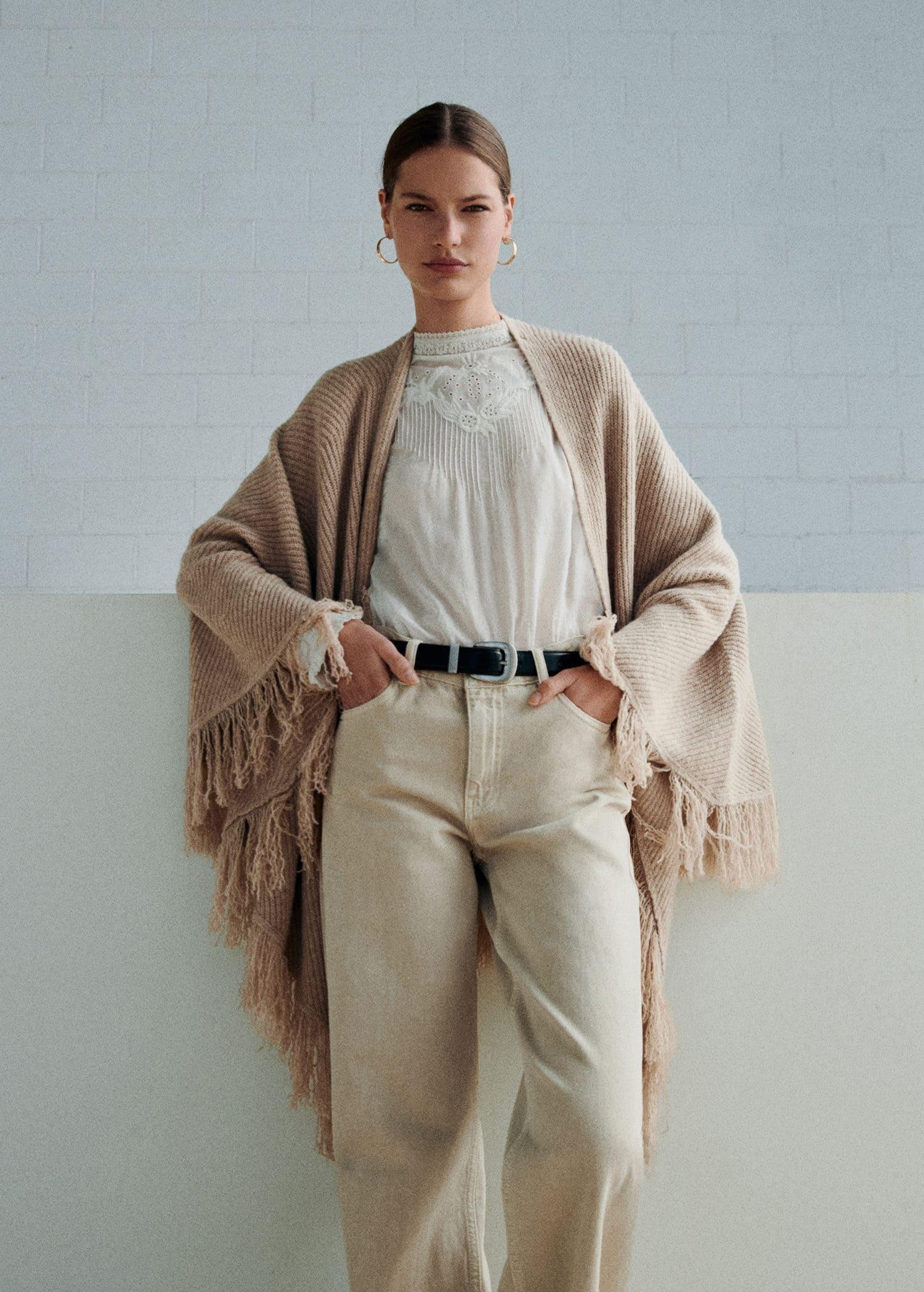 Beige Fringe Knit Cape, , large image number 7