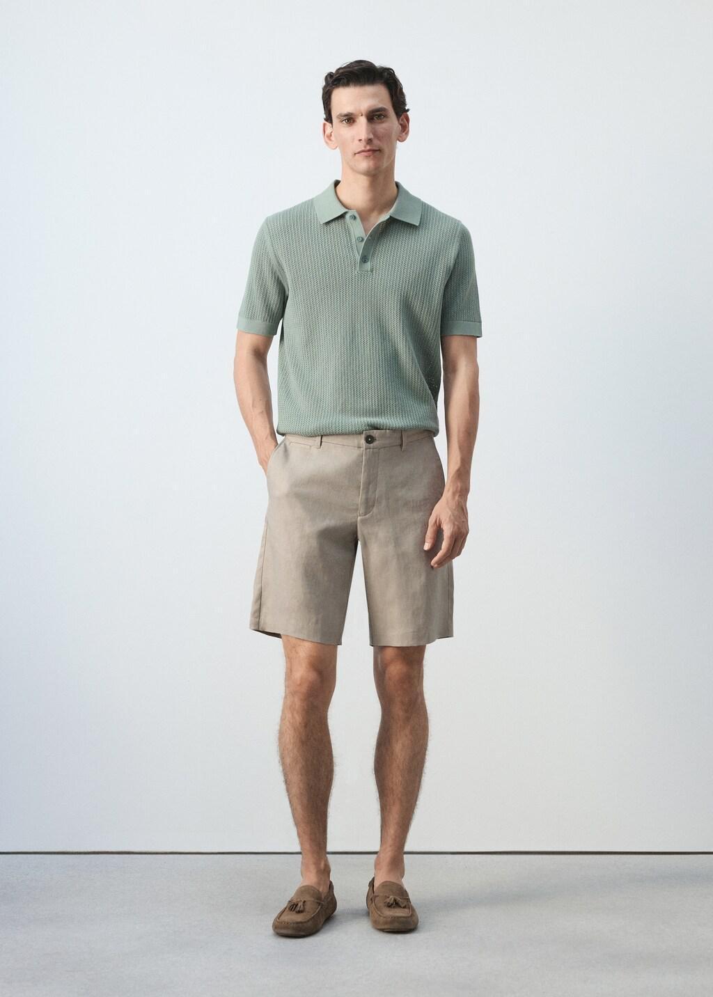 Brown Slim-Fit Linen Bermuda Shorts, Medium Brown, large image number 0