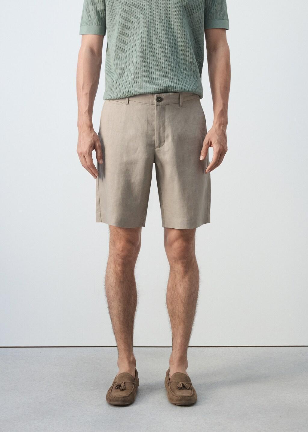 Brown Slim-Fit Linen Bermuda Shorts, Medium Brown, large image number 3