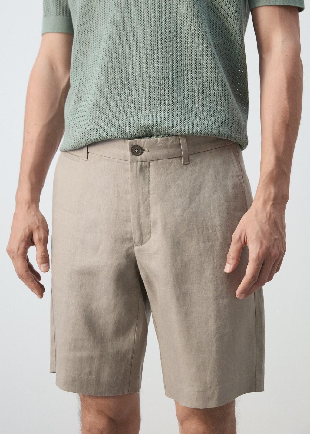 Brown Slim-Fit Linen Bermuda Shorts, Medium Brown, large image number 4
