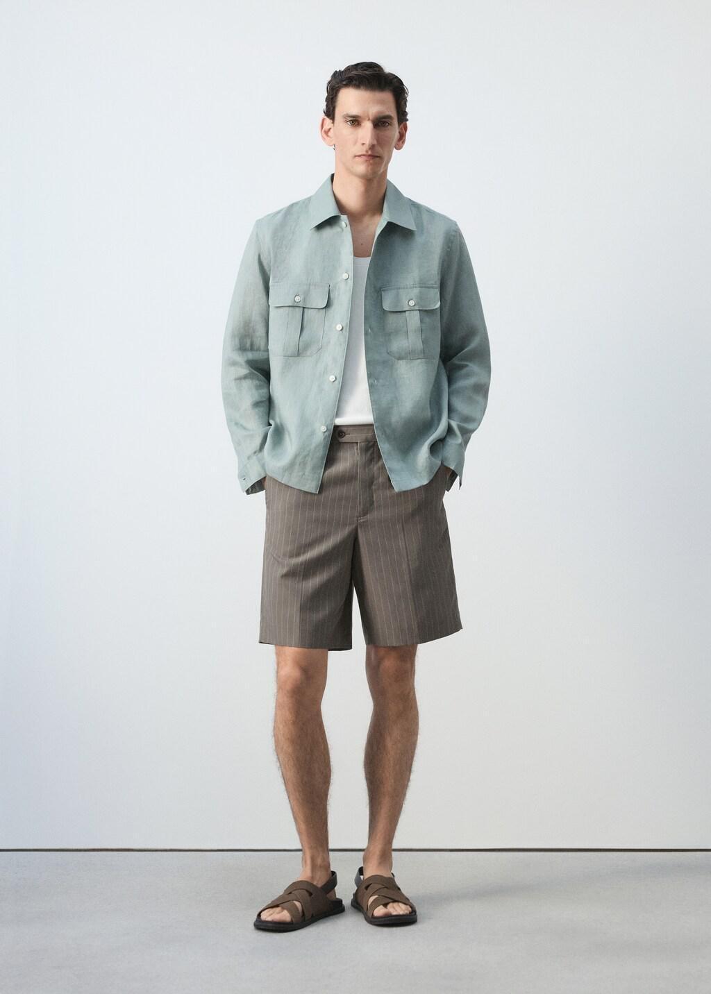 Grey Linen Lyocell Striped Bermuda Shorts, Medium Grey, medium