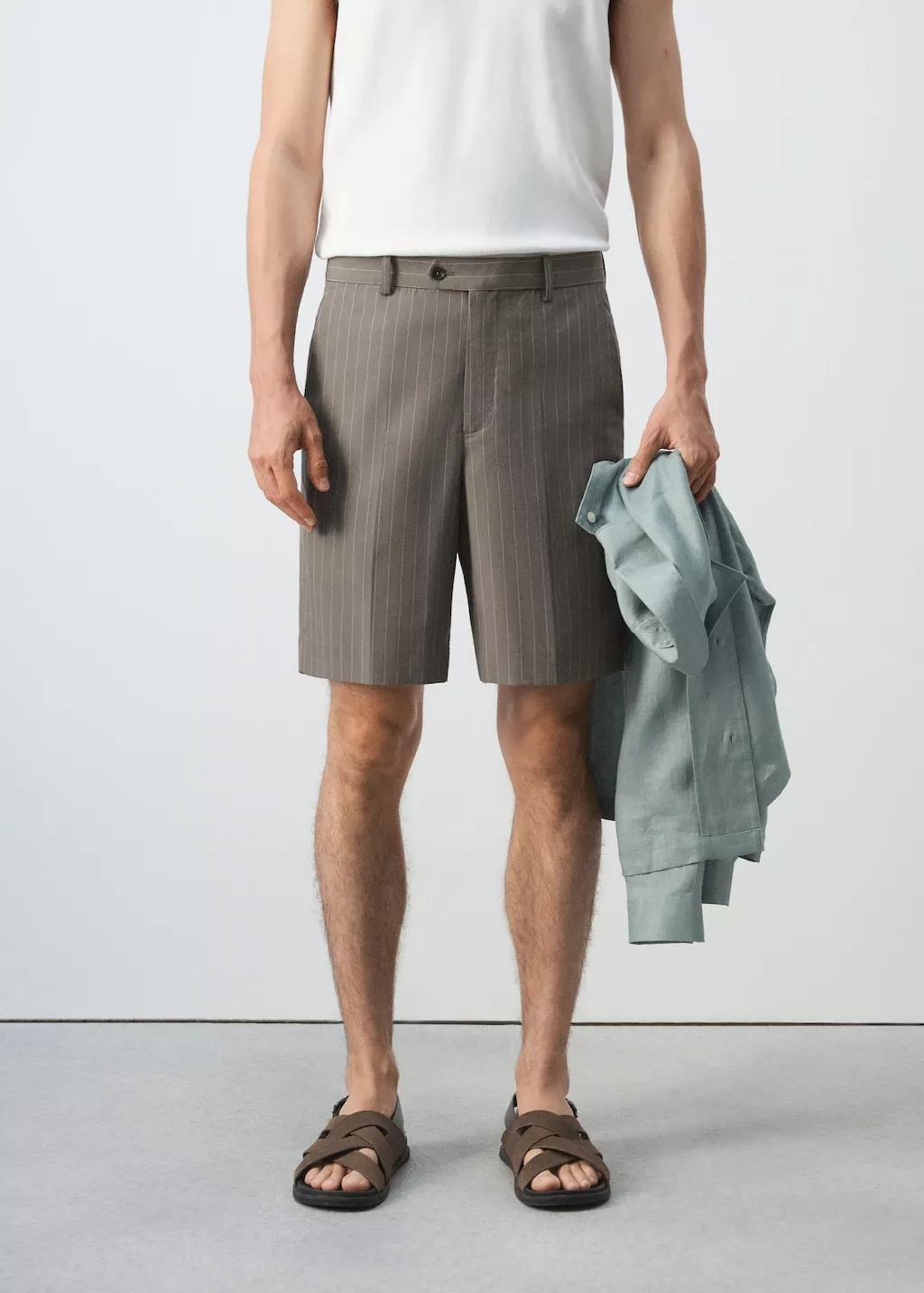 Grey Linen Lyocell Striped Bermuda Shorts, Medium Grey, large image number 3